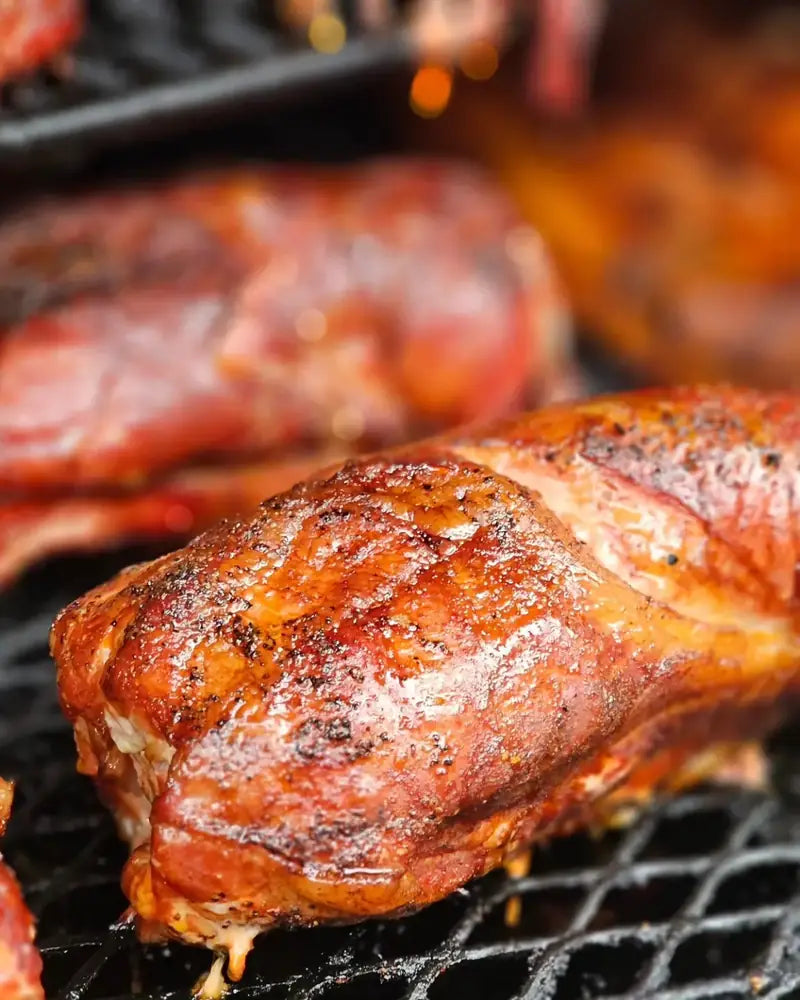 A glazed pork shoulder and chicken cooking low over the coals